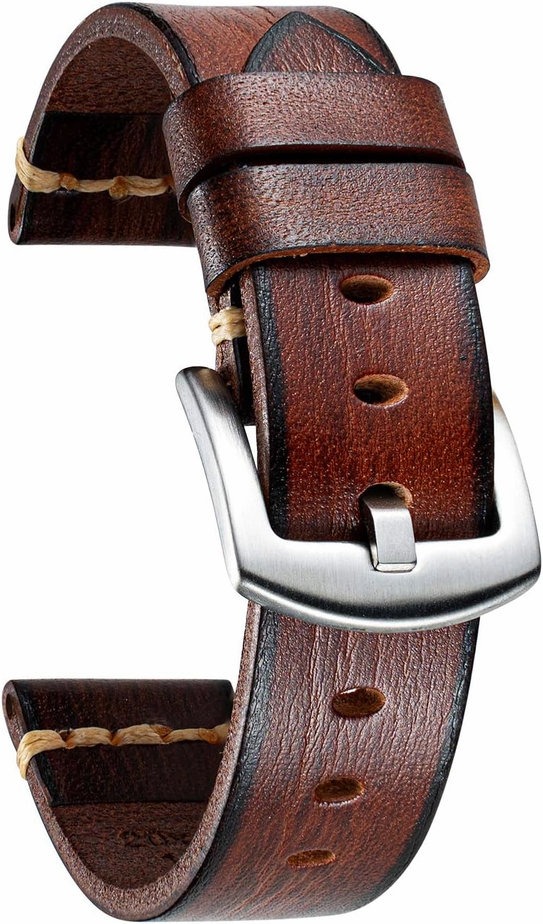 BINLUN Genuine Leather Watch Band Rubbing Leather Watch Straps Vegetable Tanned Leather Watch bands Handmade Top Grain Leather Watch bands for Men Women Black Silver Buckle 5 Sizes(18-26mm)