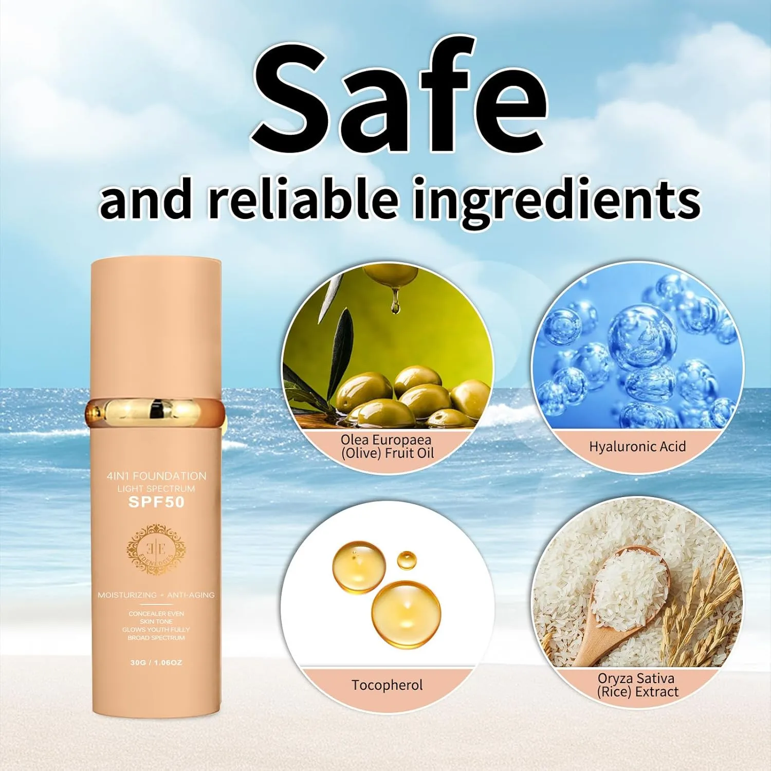 Biology 4-in-1 Foundation Hydrating Medium Spectrum Full Coverage Lotion Foundation, Protecting from Sun with SPF 50 , 4 1 Concealer Waterproof Longwear (Light, 1 FL OZ)