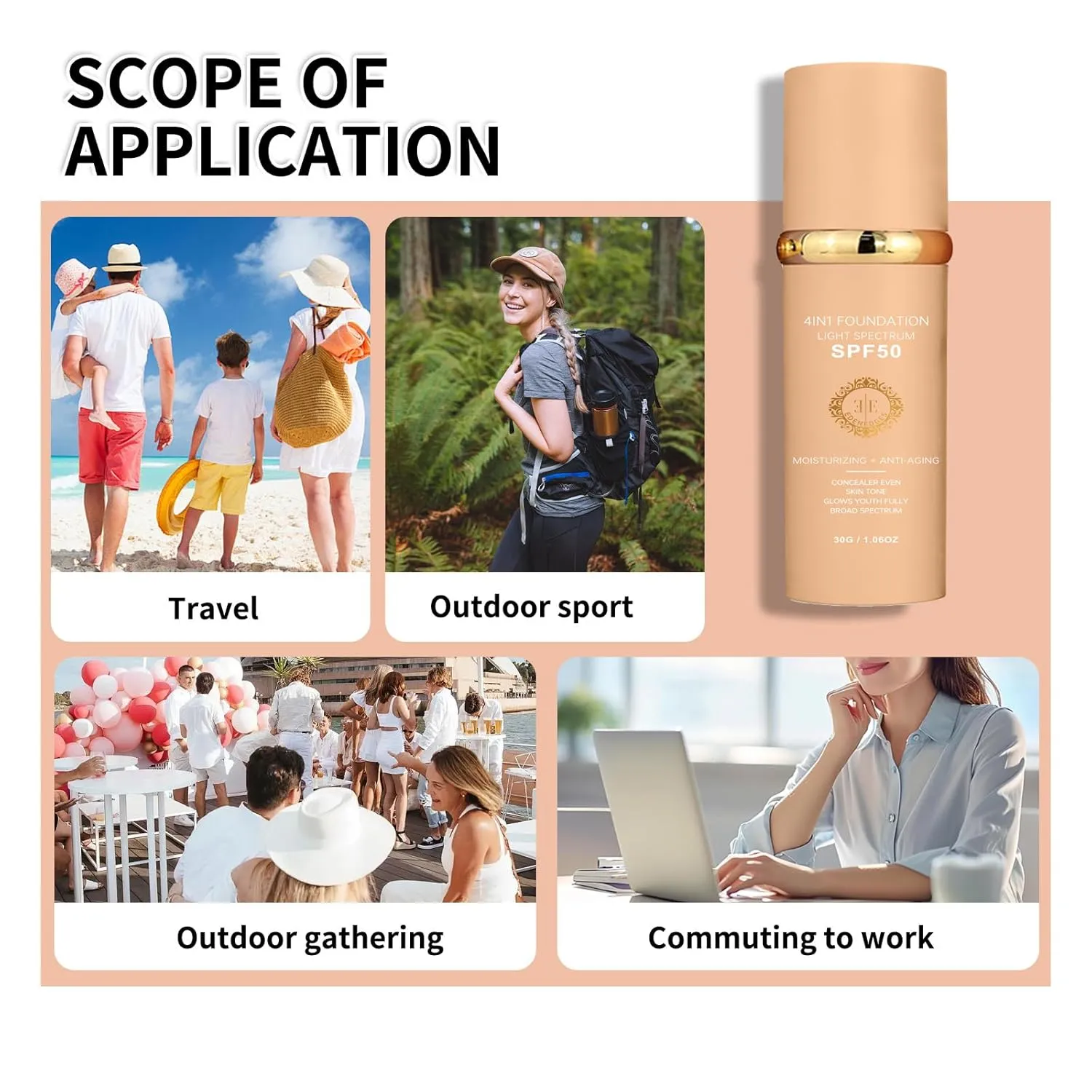 Biology 4-in-1 Foundation Hydrating Medium Spectrum Full Coverage Lotion Foundation, Protecting from Sun with SPF 50 , 4 1 Concealer Waterproof Longwear (Light, 1 FL OZ)