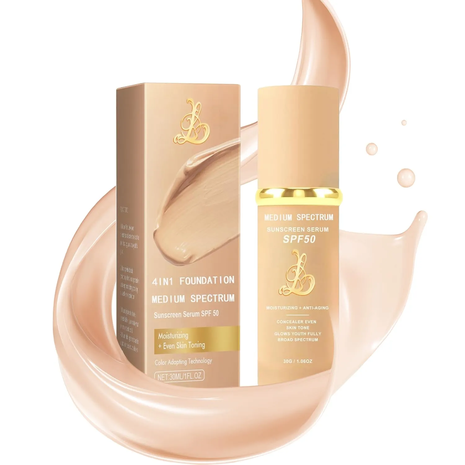 Biology 4-in-1 Foundation Hydrating Medium Spectrum Full Coverage Lotion Foundation, Protecting from Sun with SPF 50 , 4 1 Concealer Waterproof Longwear (Medium, 1 FL OZ)