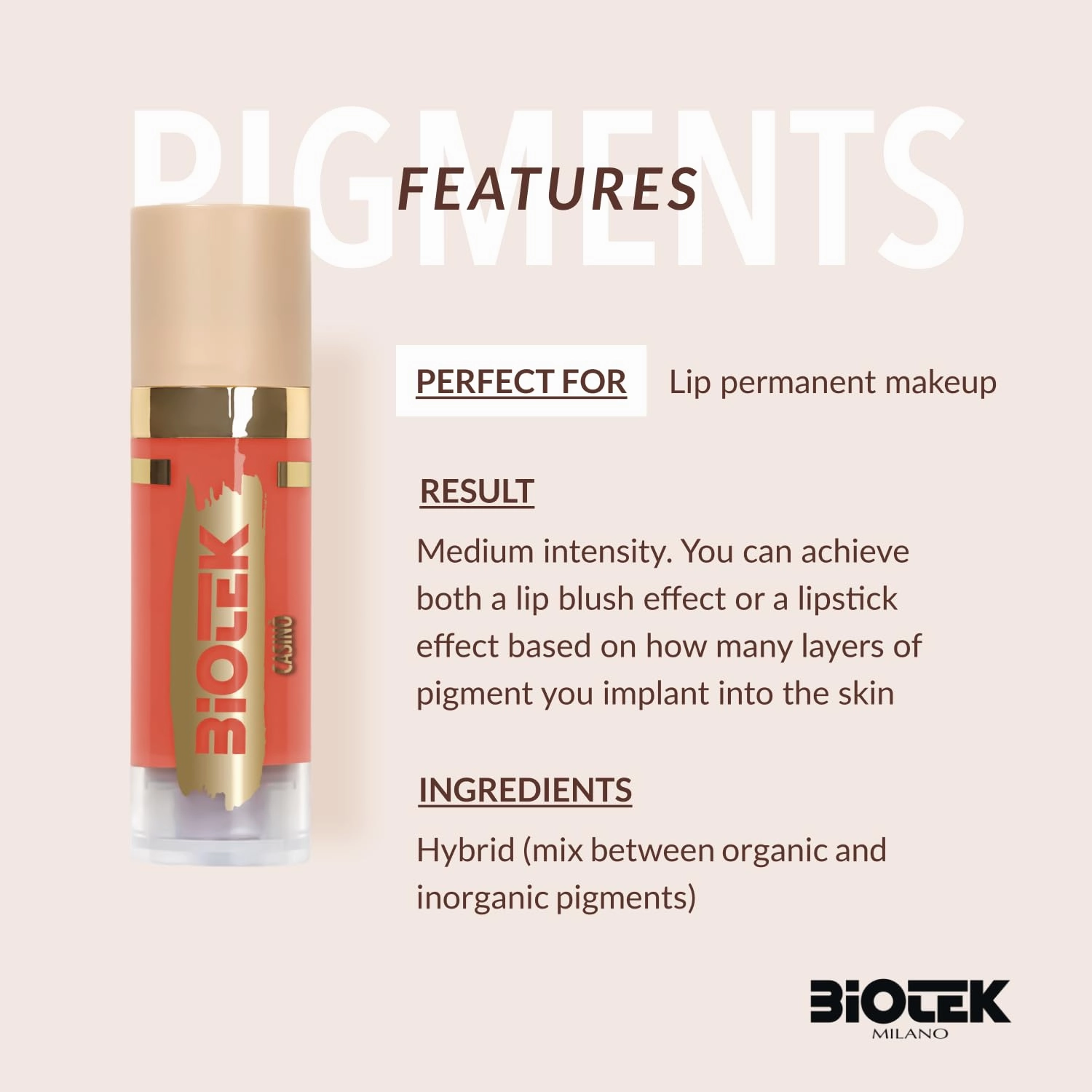 Biotek Lip Pigment for Permanent Makeup - Orange Peach Color for Lip - Made in Italy - Casinò 0,61 fl.oz.