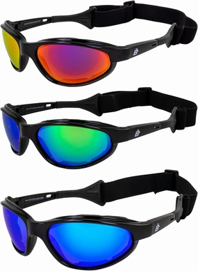 Birdz Eyewear Sail Padded Jetski Sunglasses Goggles Polarized Sports Watersports Boating Fishing for Men or Women 3 Pairs Black Frames w/Red, Green & Blue Mirror Lenses