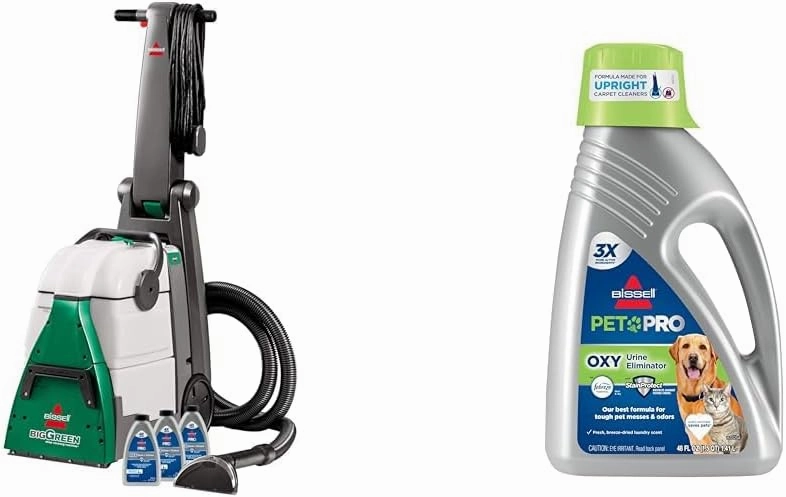 BISSELL® Big Green® Professional Carpet Cleaner with XL DirtLifter PowerBrush, 9-inch Long Reach Hose, 6-inch Tough Stain Tool   Bissell Professional Pet Carpet Cleaner Shampoo, 48 Ounce, Silver
