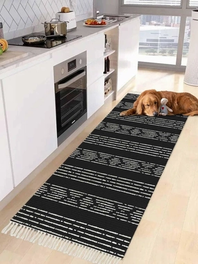 Black Boho Hallway Runner Rug 2X6 Ft Kitchen Carpet, Washable Woven Throw Carpet with Tassel, Neutral Farmhouse Geometric Striped Aesthetic Non-Shedding Bedroom Laundry Rugs