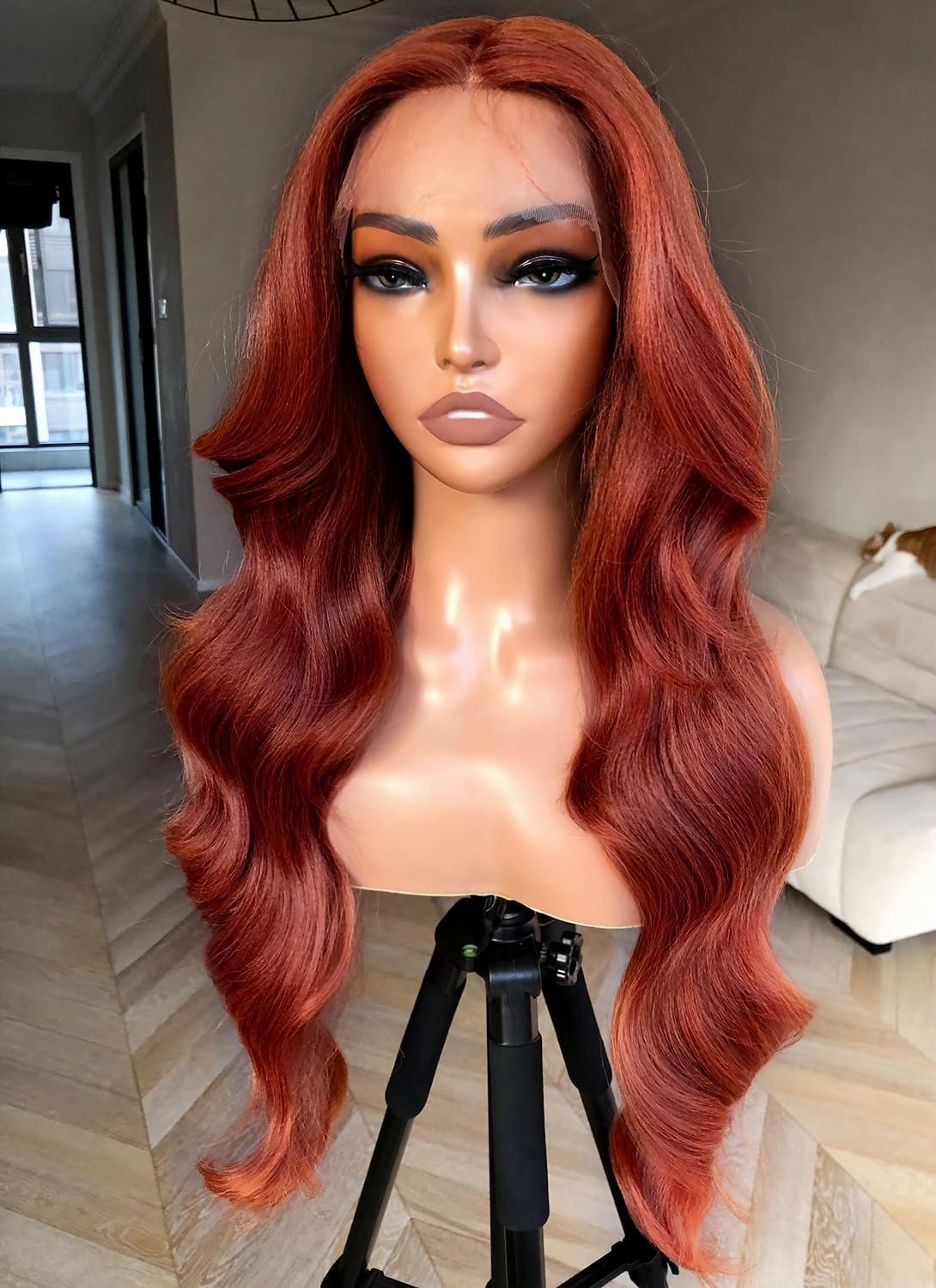 BlackSwern 24inch Reddish Brown Glueless Lace Front Wig Pre Plucked, Synthetic Lace Front Wig Human Hair Feeling Wig for Black Women, Ready to Wear Wigs Pre-cut Pre-plucked,Reddish Brown Orange
