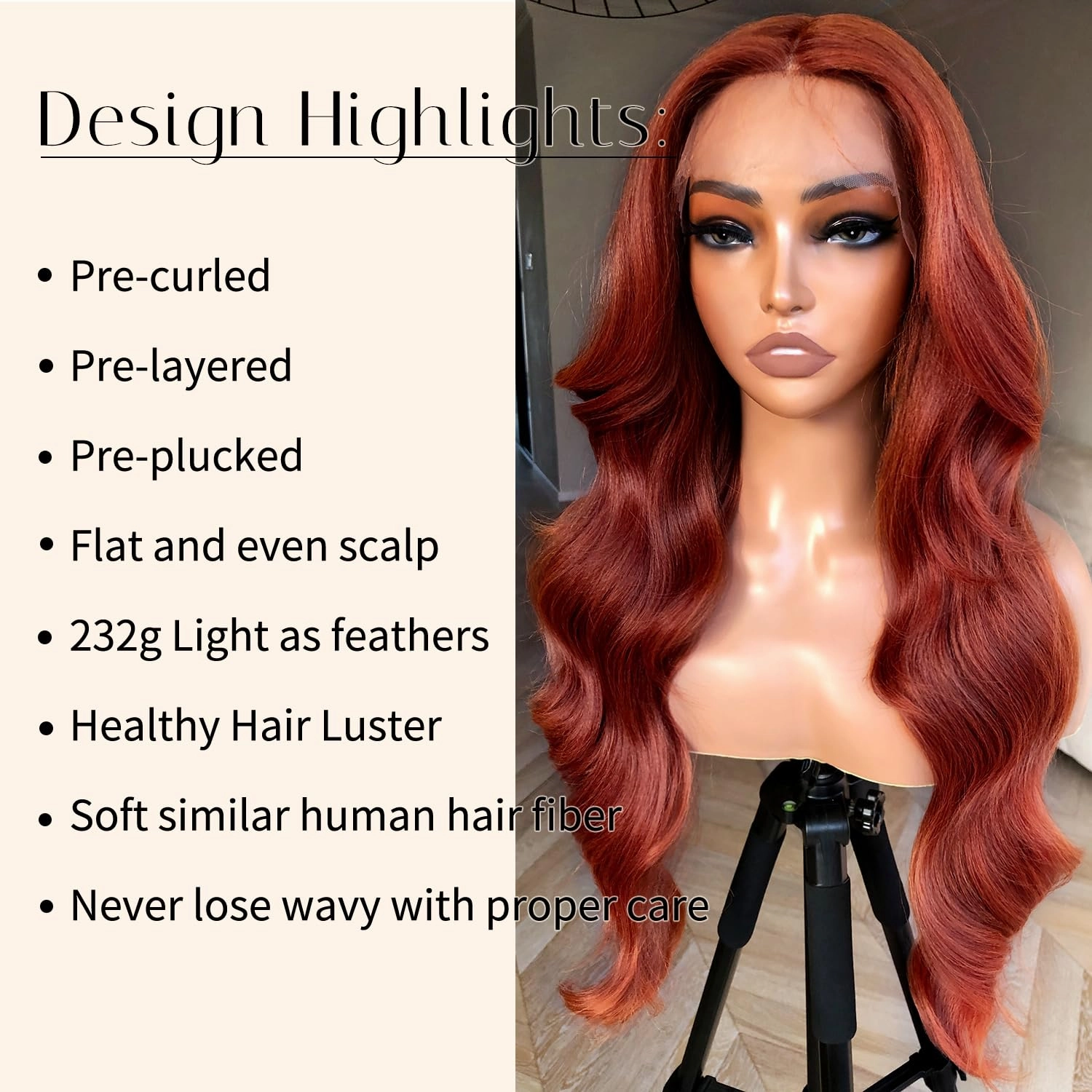 BlackSwern 24inch Reddish Brown Glueless Lace Front Wig Pre Plucked, Synthetic Lace Front Wig Human Hair Feeling Wig for Black Women, Ready to Wear Wigs Pre-cut Pre-plucked,Reddish Brown Orange