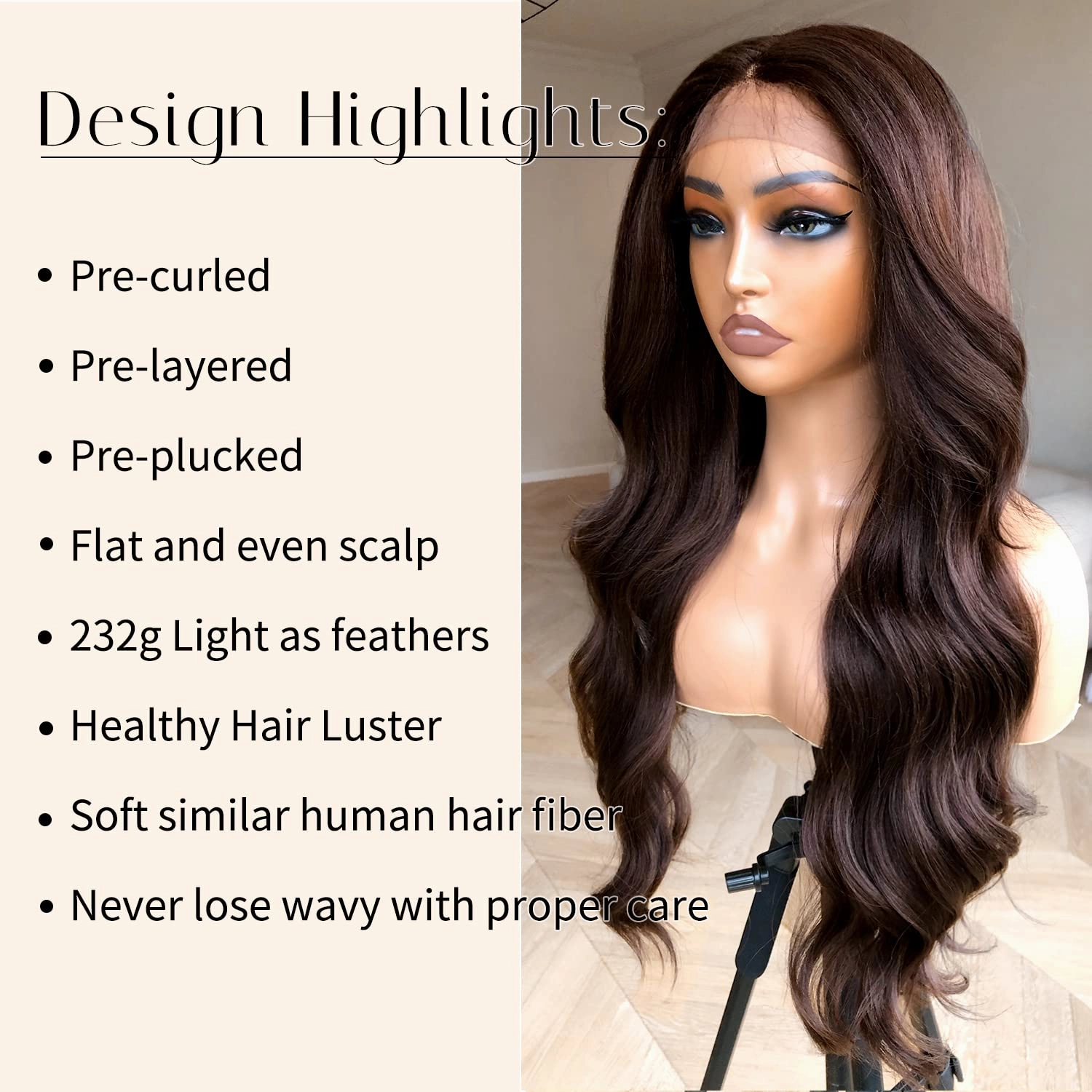 BlackSwern Brown Wig Chocolate Brown Body Wave Lace Front Wig Pre-plucked Pre-layered Pre-styled, Glueless Lace Wigs for Black Women