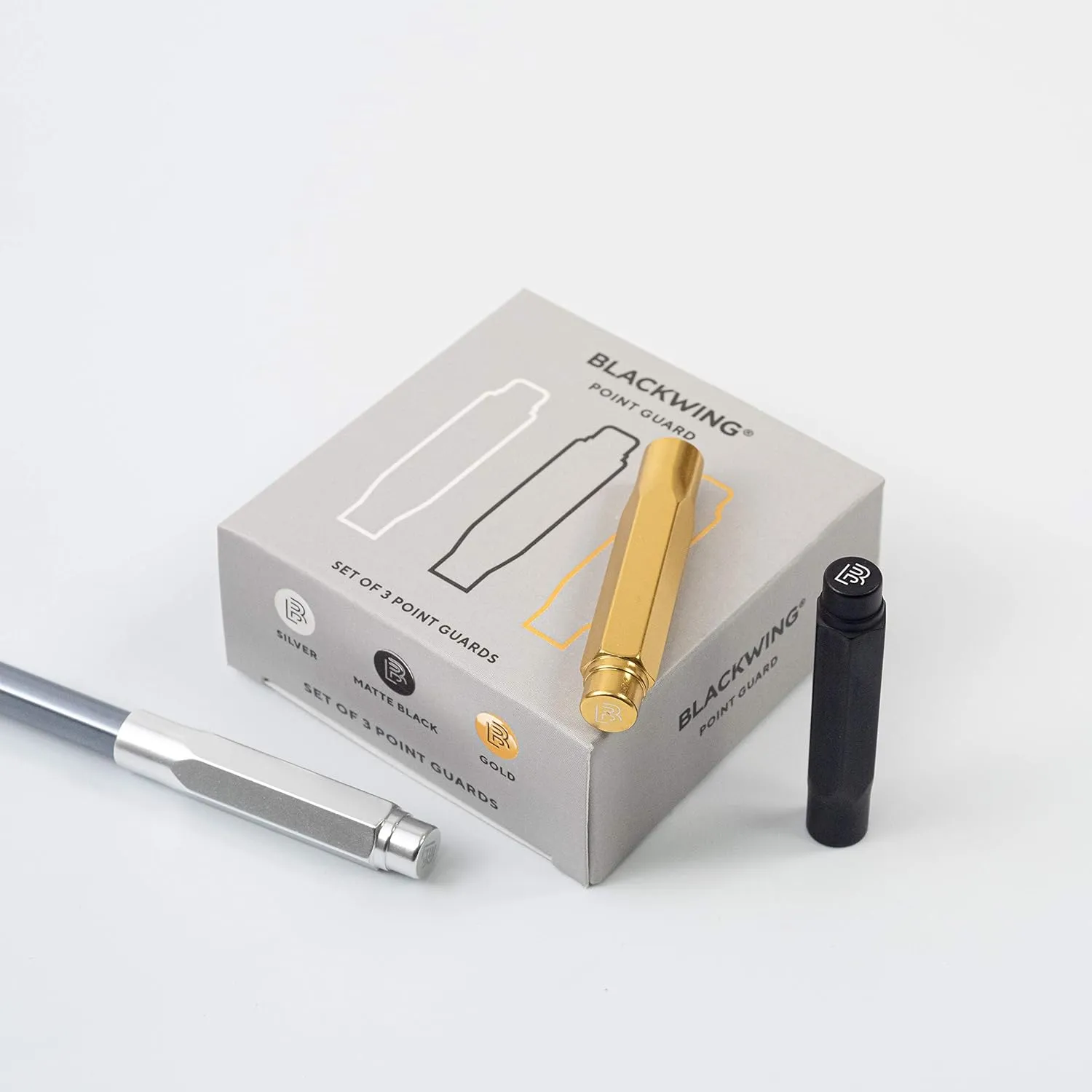 Blackwing Point Guards - Set of 3, Protects Pencil Points, Mixed Color Pack (Gold, Silver, and Black), Lightweight Machined Aluminum