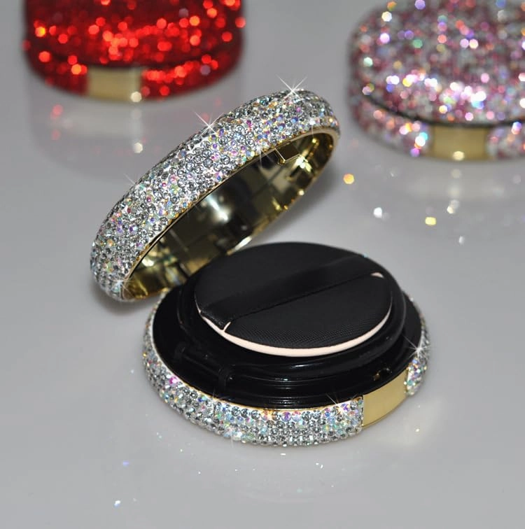 Bling Diamond Makeup Powder Empty Container, Cushion Foundation Case with Round Mirror, Air Cushion Puff Case, Foundation BB Cream Box -Red