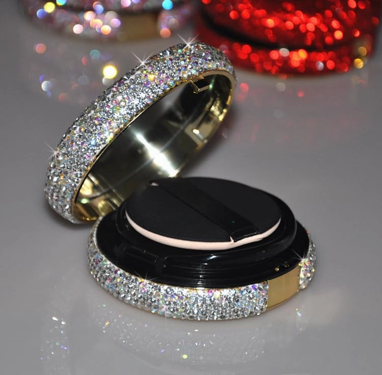 Bling Diamond Makeup Powder Empty Container, Cushion Foundation Case with Round Mirror, Air Cushion Puff Case, Foundation BB Cream Box -Red