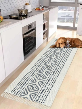 Blue Boho Kitchen Hallway Runner Rug 2X5 Ft Carpet, Washable Woven Throw Carpet with Tassel, Bohemian Tribe Country Geometric Stripes Non-Shedding Entryway Laundry Rugs