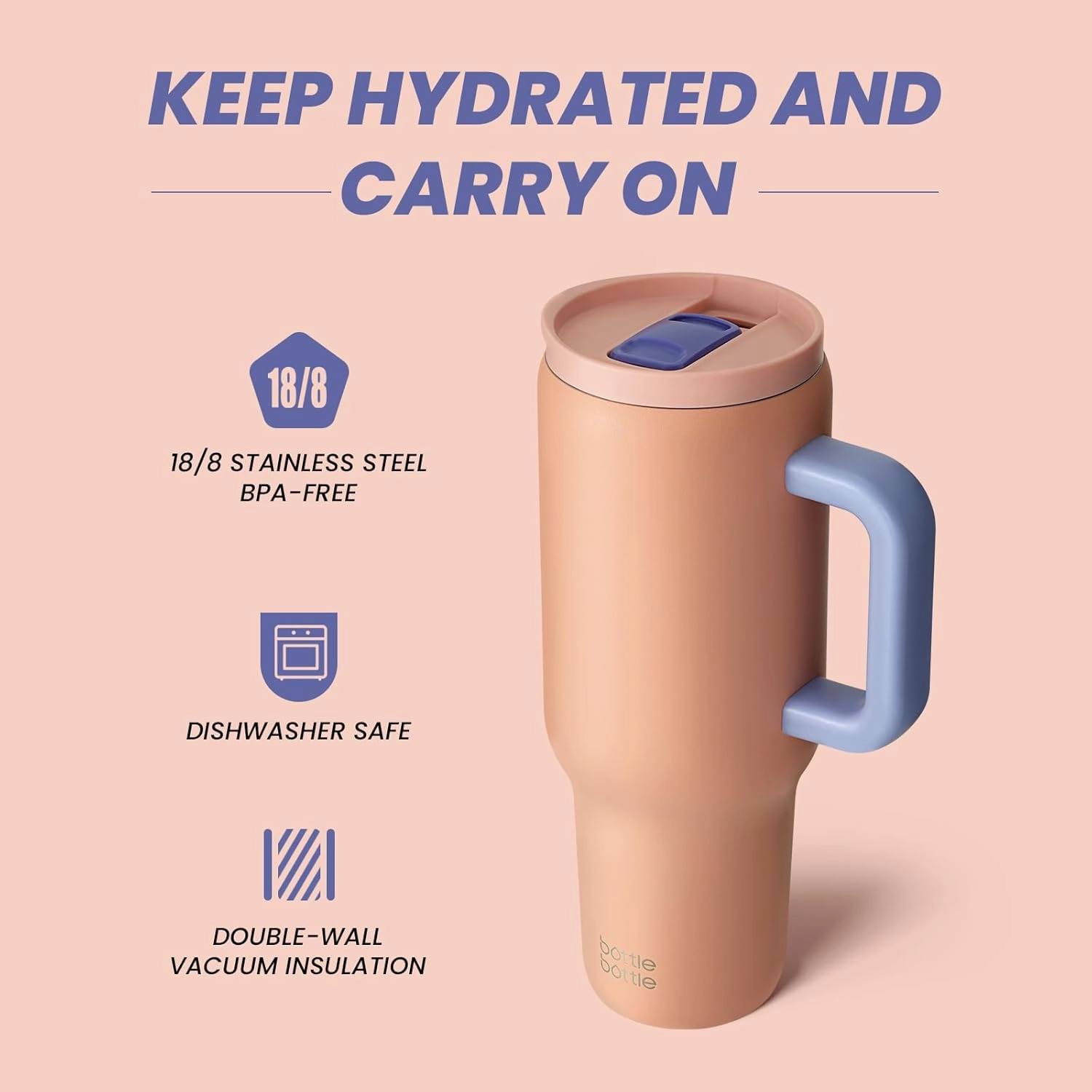 BOTTLE BOTTLE 40 oz Tumbler with Handle and Straw,Stainless Steel Vacuum Travel Mug,Car Cup with Straw, Stainless Steel Vacuum water bottle for Gifts Party Office Coffee (peach)