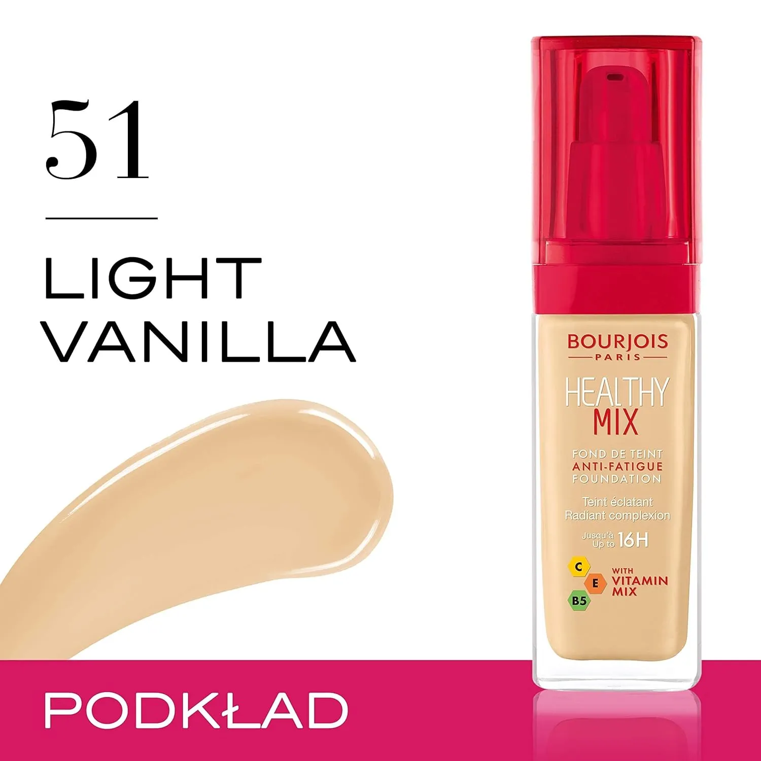 Bourjois Healthy Mix Anti-Fatigue Medium Coverage Liquid Foundation, 51 Light Vanilla, 30ml
