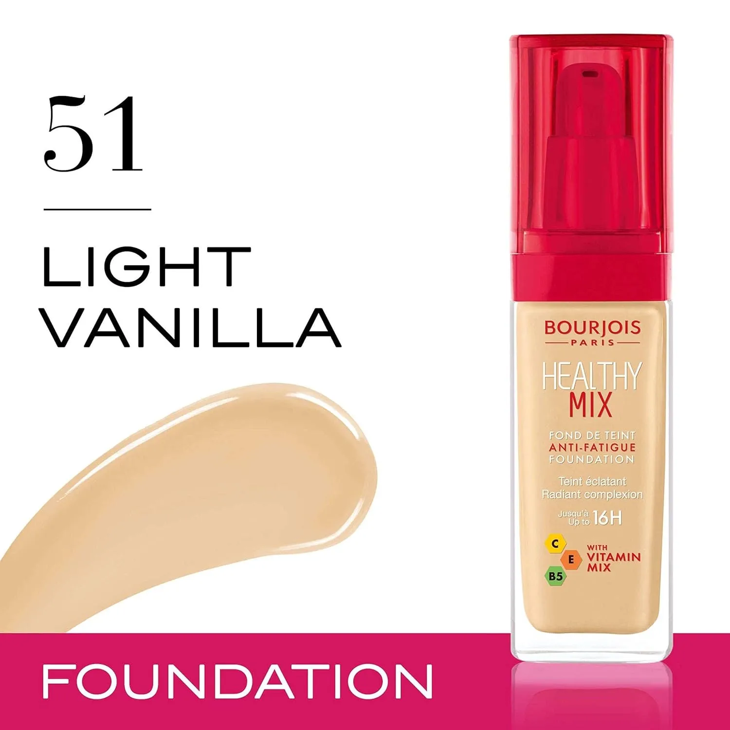 Bourjois Healthy Mix Anti-Fatigue Medium Coverage Liquid Foundation, 51 Light Vanilla, 30ml