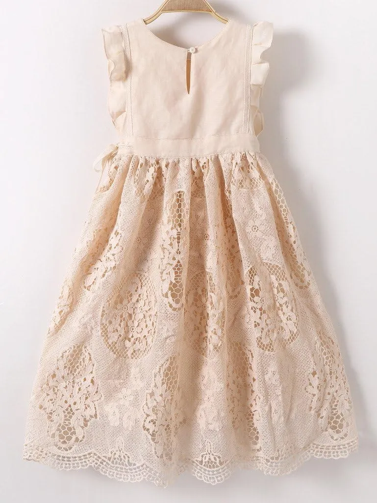 Bow Dream Off White Peach Vintage Lace Sleeveless Flower Girl's Dress