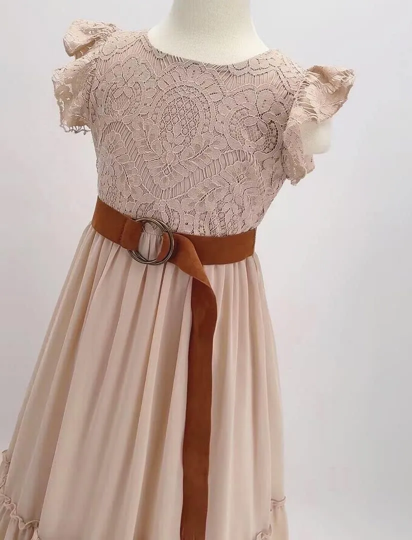 Bow Dream Off White Peach Vintage Lace Sleeveless Flower Girl's Dress