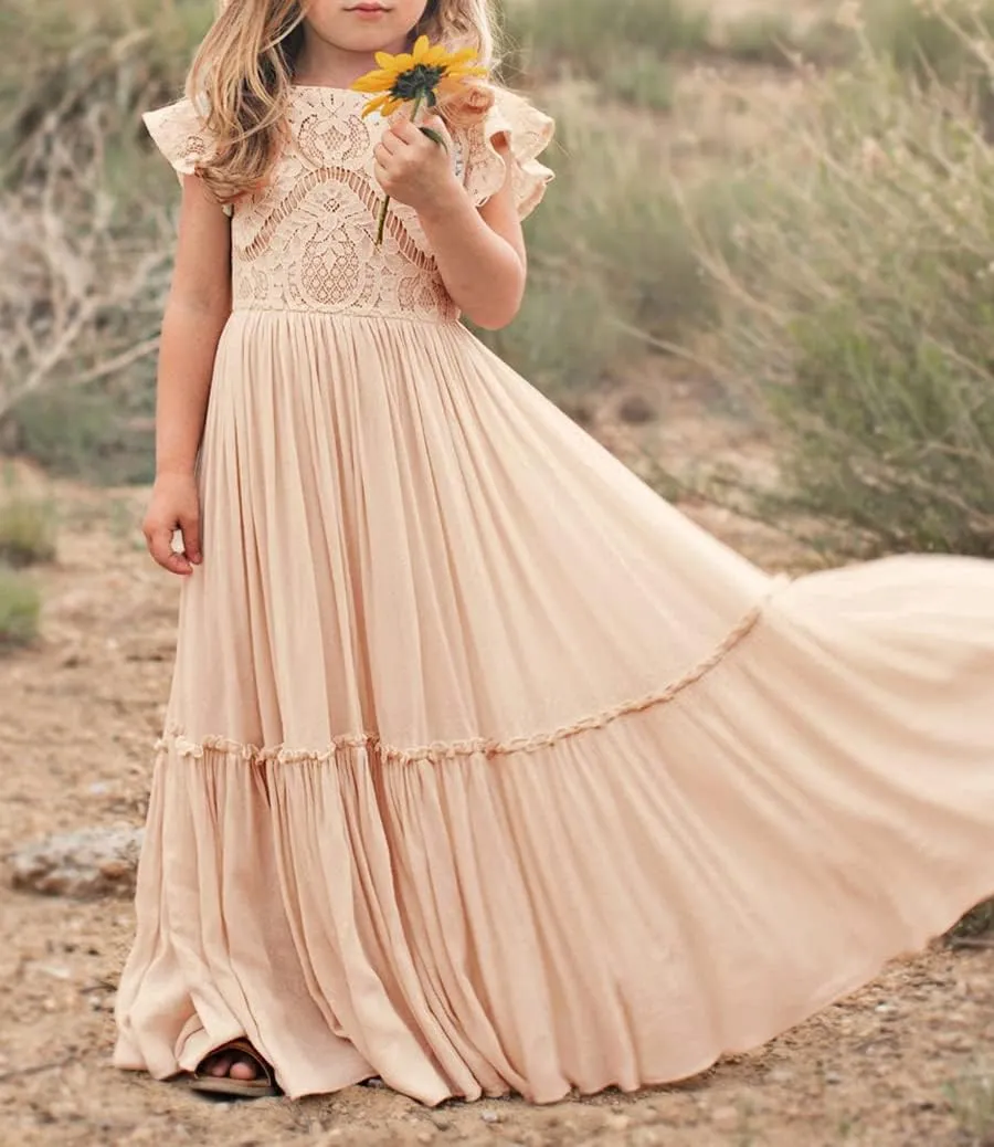 Bow Dream Off White Peach Vintage Lace Sleeveless Flower Girl's Dress