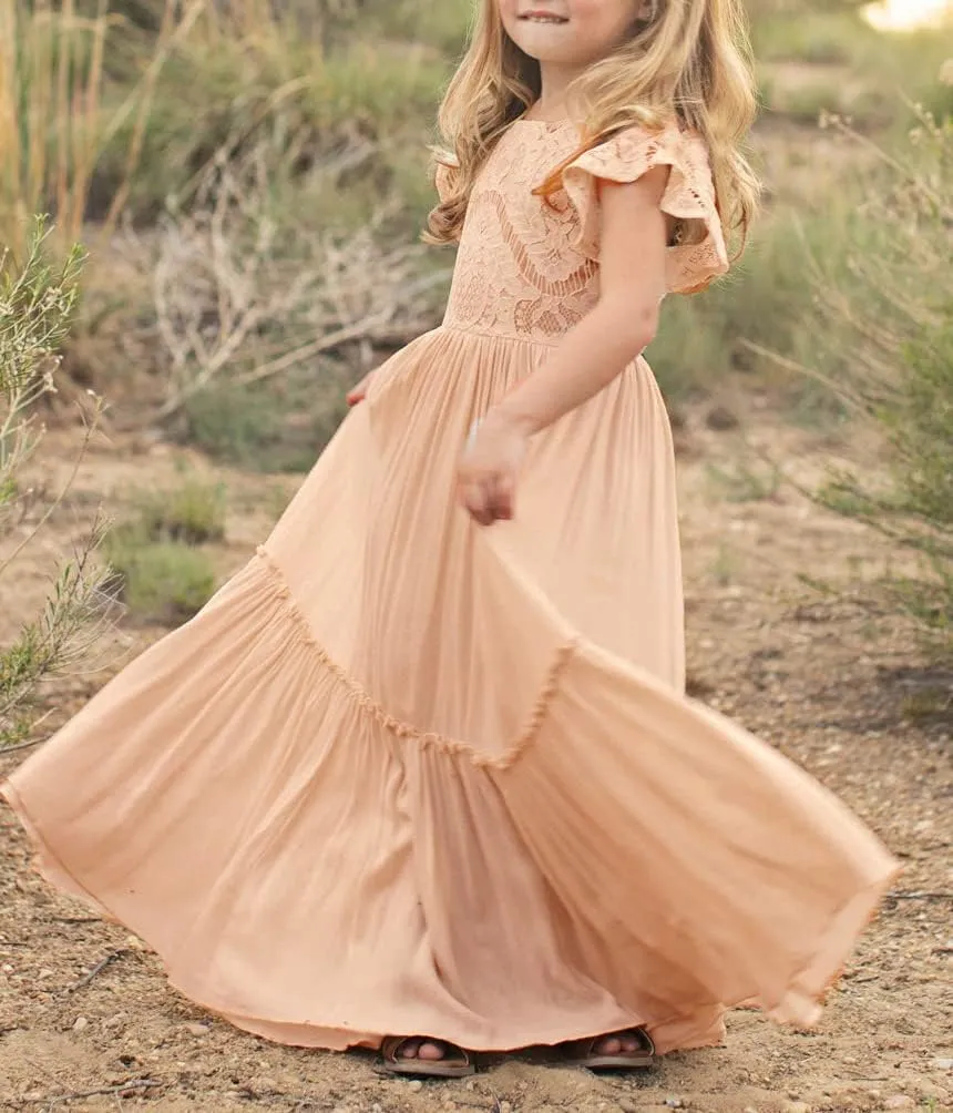 Bow Dream Off White Peach Vintage Lace Sleeveless Flower Girl's Dress