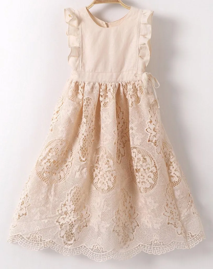 Bow Dream Off White Peach Vintage Lace Sleeveless Flower Girl's Dress