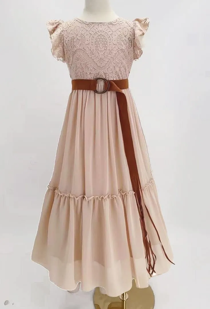 Bow Dream Off White Peach Vintage Lace Sleeveless Flower Girl's Dress