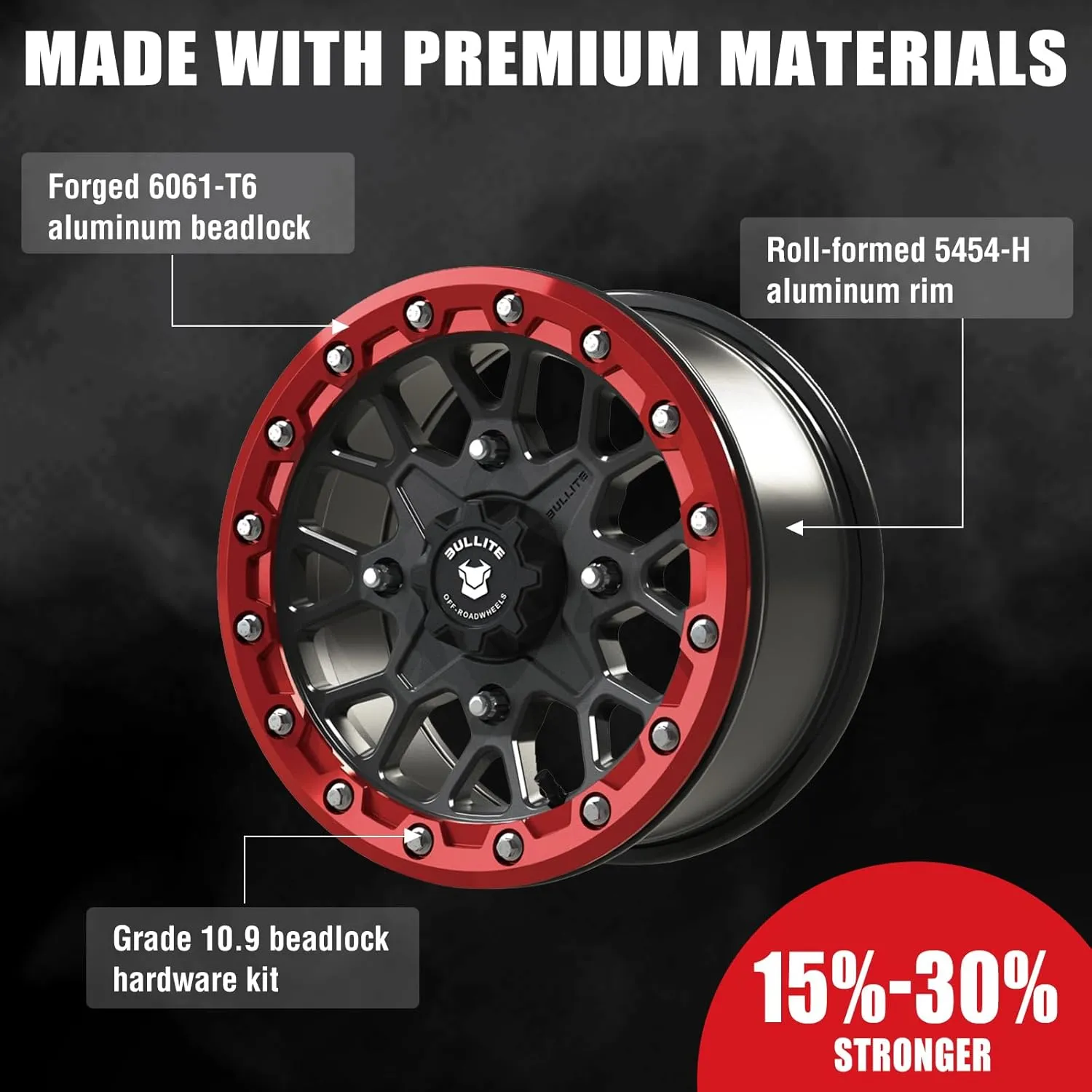 Bullite Wheels BT-05 Rider UTV ATV Wheel Gunmetal Gray Rims and Red Beadlock 15x7, 4x156 Bolt Pattern, 5 2 Offset, Compatible with Polaris RZR 1000 XP/Ranger XP 900/1000