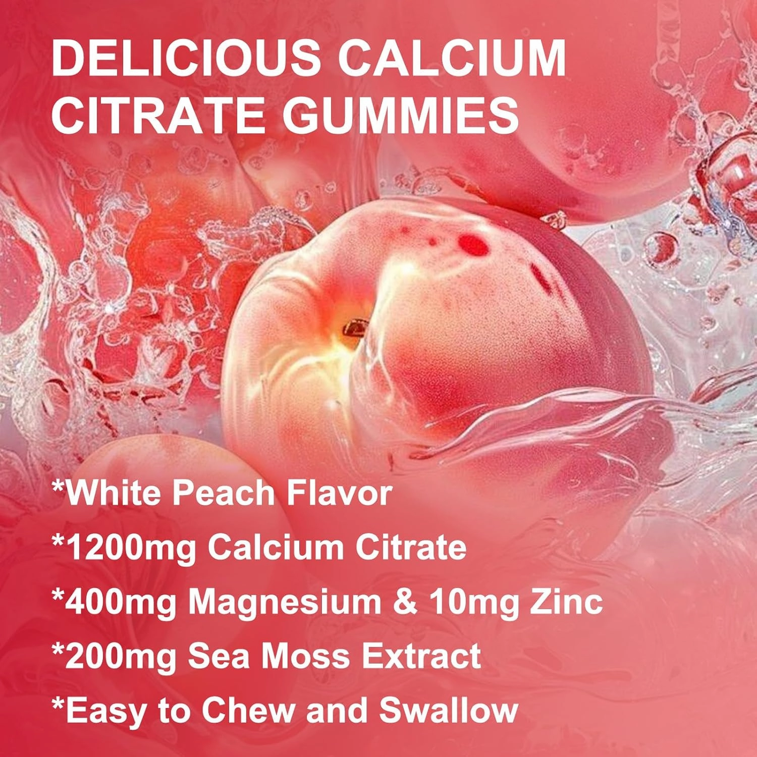 Calcium Citrate 1200mg Gummies with Vitamin D3 K2 - Chewable Calcium Magnesium Zinc d3 Supplement with Sea Moss Extract for Bone, Teeth, Immune Support for Women & Men, White Peach Flavor - 60 Gummies