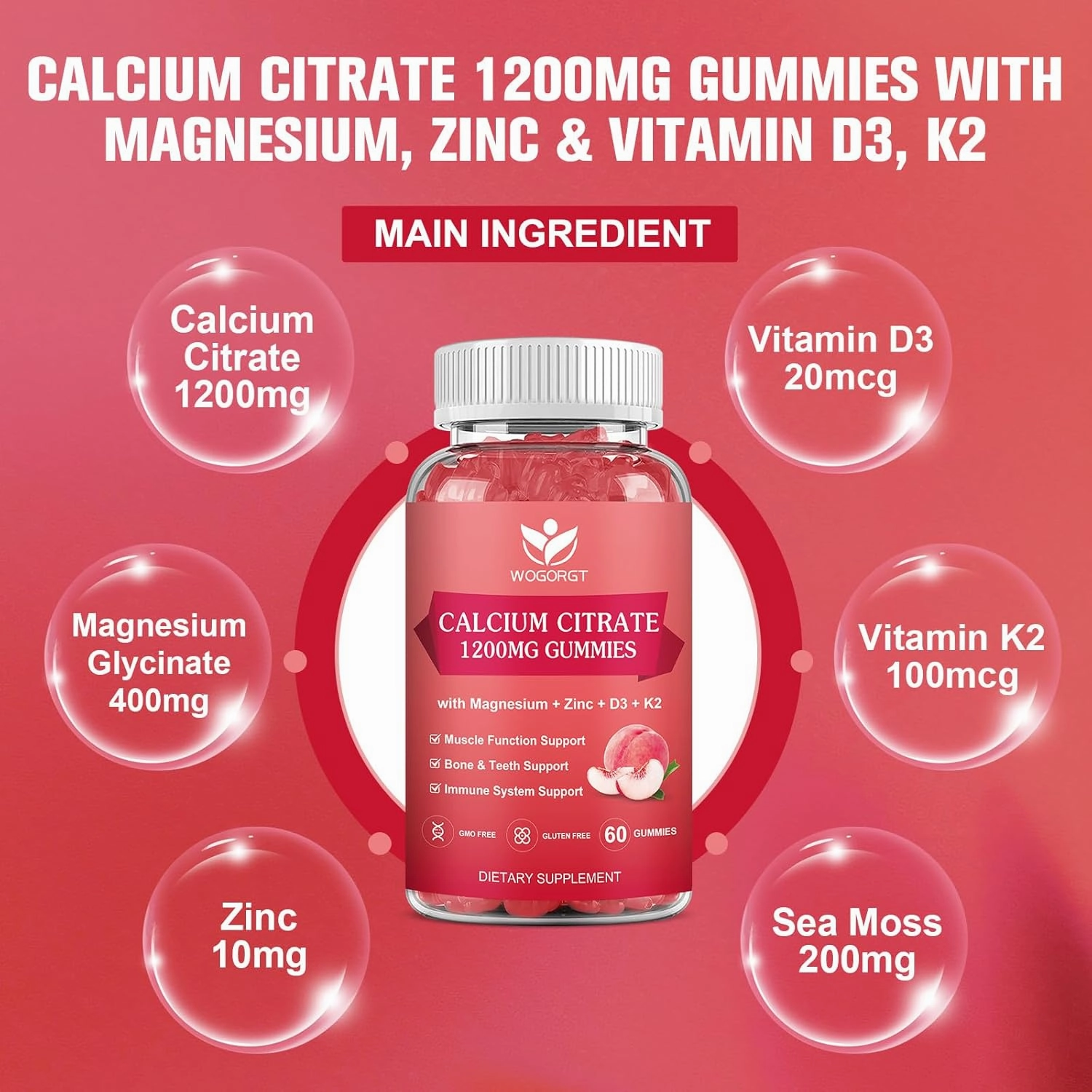 Calcium Citrate 1200mg Gummies with Vitamin D3 K2 - Chewable Calcium Magnesium Zinc d3 Supplement with Sea Moss Extract for Bone, Teeth, Immune Support for Women & Men, White Peach Flavor - 60 Gummies
