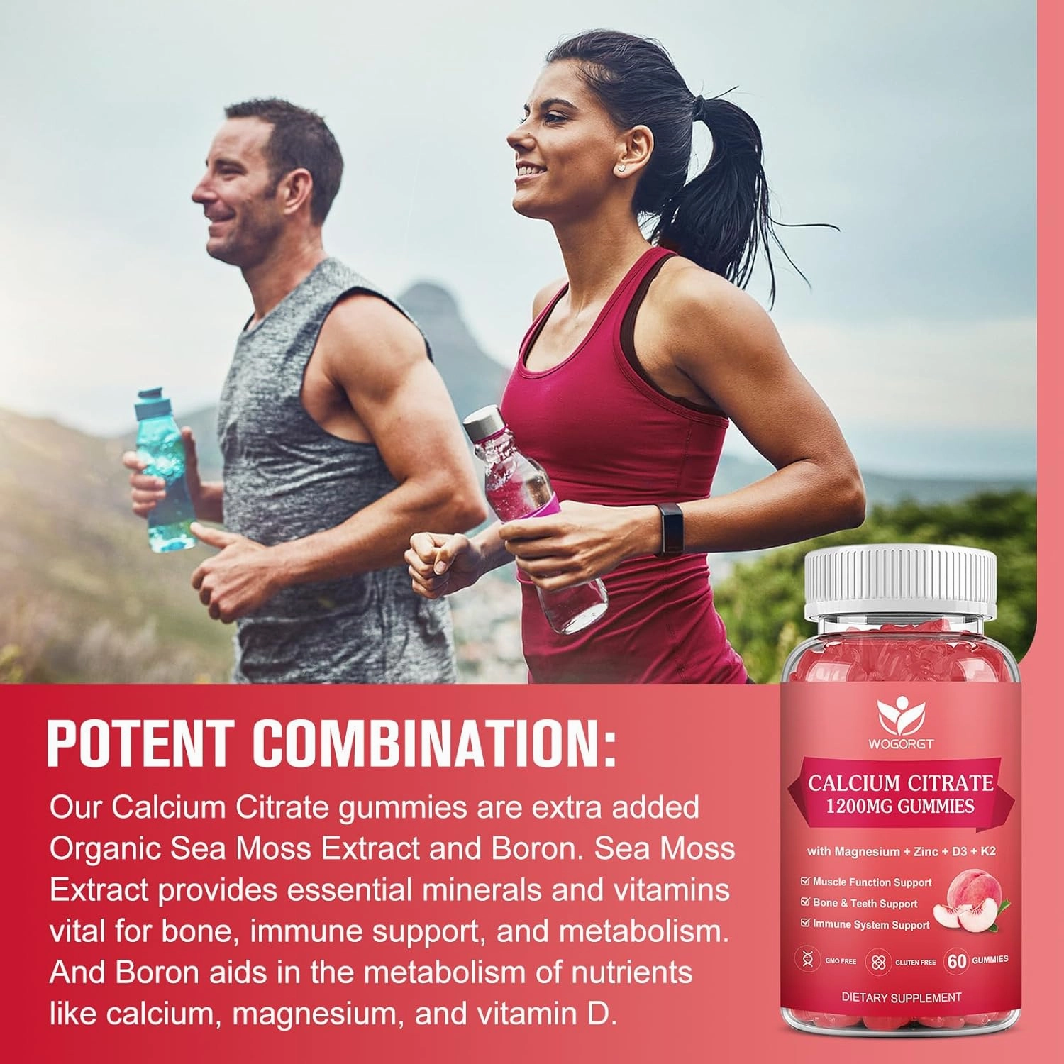 Calcium Citrate 1200mg Gummies with Vitamin D3 K2 - Chewable Calcium Magnesium Zinc d3 Supplement with Sea Moss Extract for Bone, Teeth, Immune Support for Women & Men, White Peach Flavor - 60 Gummies
