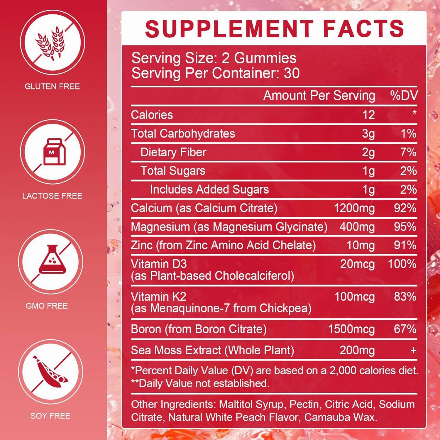 Calcium Citrate 1200mg Gummies with Vitamin D3 K2 - Chewable Calcium Magnesium Zinc d3 Supplement with Sea Moss Extract for Bone, Teeth, Immune Support for Women & Men, White Peach Flavor - 60 Gummies