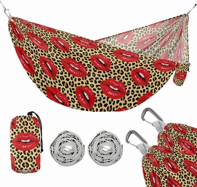 Camping Hammock Outdoor Hammocks for Outside Leopard Red Lip Cheetah Beach Trees Portable Lightweight with Pockets Tree Straps Indoor