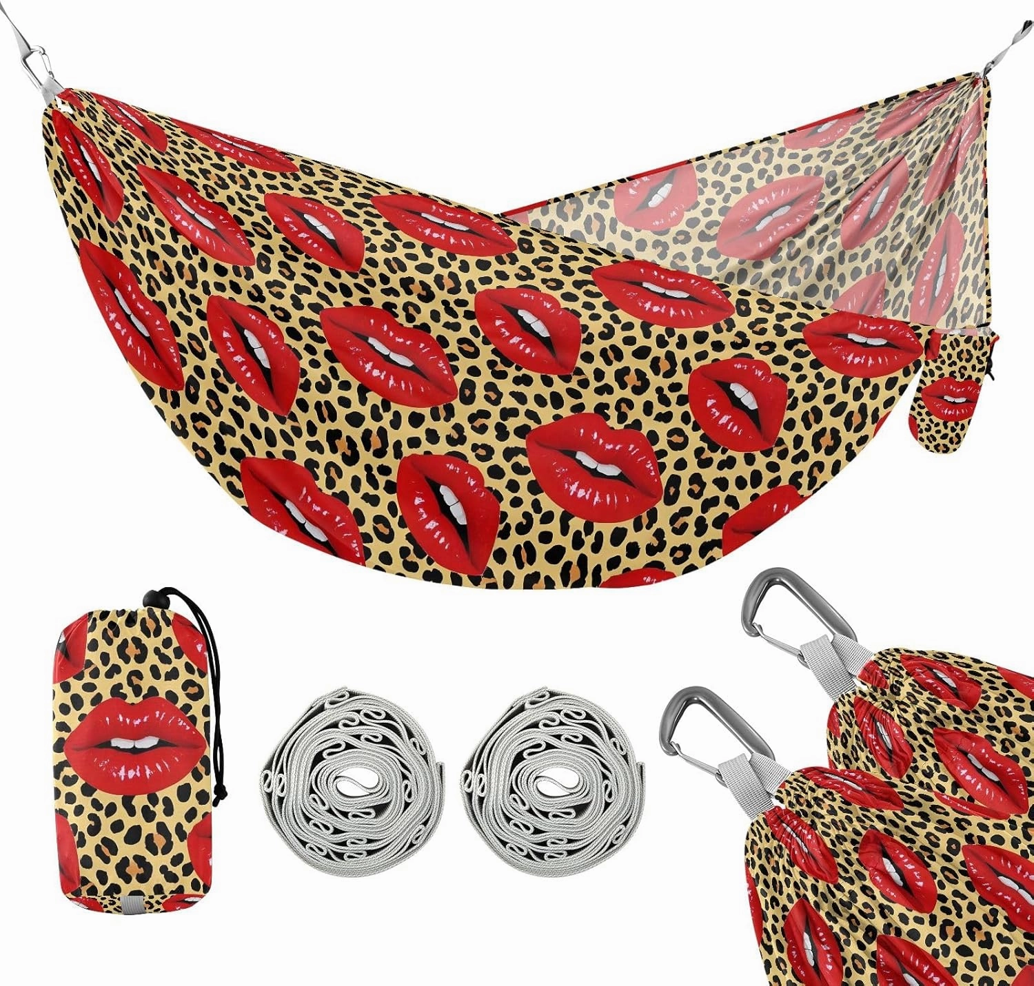 Camping Hammock Outdoor Hammocks for Outside Leopard Red Lip Cheetah Beach Trees Portable Lightweight with Pockets Tree Straps Indoor