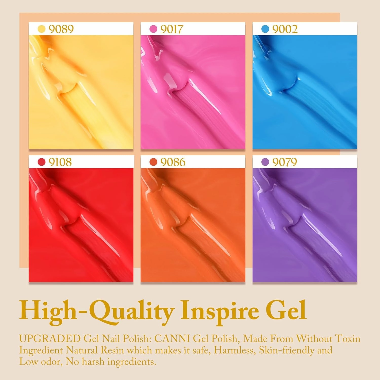 CANNI Gel Nail Polish Set – Bright Rainbow Summer 6 Colors 9ML (Red, Pink, Yellow, Blue, Orange,Purple), High Gloss Soak Off UV LED Nail Gel for Summer DIY Manicure