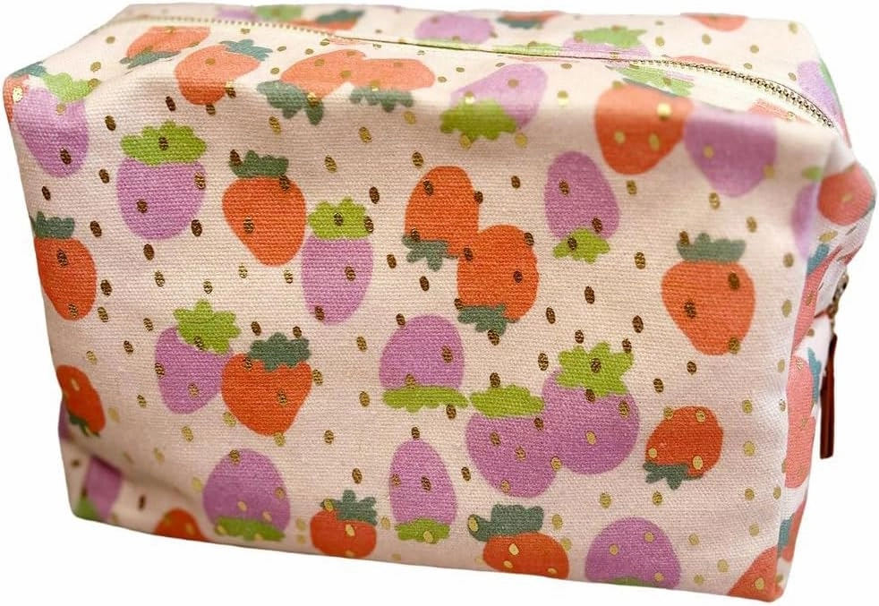 Canvas Makeup Bag Cosmetic Pouch for Travel Make Up Accessories for Women and Girls. (Peach Strawberry)