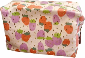 Canvas Makeup Bag Cosmetic Pouch for Travel Make Up Accessories for Women and Girls. (Peach Strawberry)