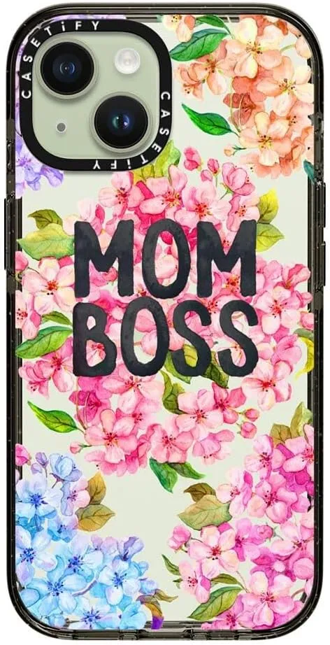 CASETiFY Impact Case for iPhone 15 [Slim / 8.2 ft. 4X Military Grade Drop Protection/Wireless Charging Compatible] - MOM BOSS - Clear Black