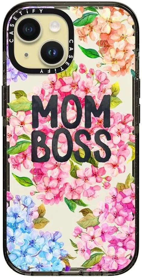 CASETiFY Impact Case for iPhone 15 [Slim / 8.2 ft. 4X Military Grade Drop Protection/Wireless Charging Compatible] - MOM BOSS - Clear Black