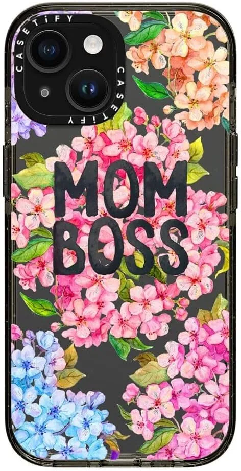 CASETiFY Impact Case for iPhone 15 [Slim / 8.2 ft. 4X Military Grade Drop Protection/Wireless Charging Compatible] - MOM BOSS - Clear Black