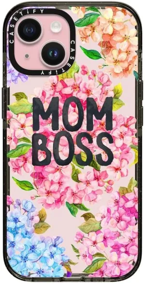 CASETiFY Impact Case for iPhone 15 [Slim / 8.2 ft. 4X Military Grade Drop Protection/Wireless Charging Compatible] - MOM BOSS - Clear Black