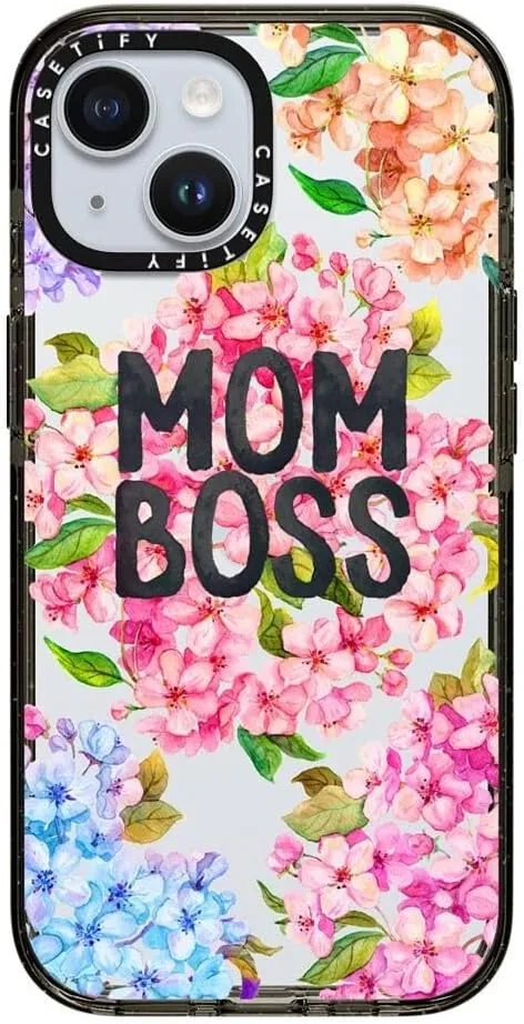 CASETiFY Impact Case for iPhone 15 [Slim / 8.2 ft. 4X Military Grade Drop Protection/Wireless Charging Compatible] - MOM BOSS - Clear Black
