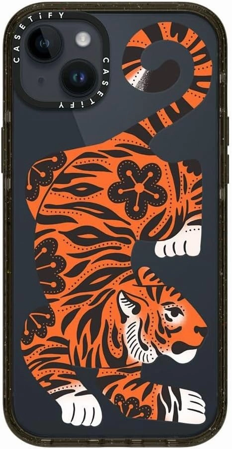 CASETiFY Impact Case for iPhone 14 Plus [Slim / 8.2 ft. 4X Military Grade Drop Protection/Wireless Charging Compatible] - Fierce Tiger - Clear Black