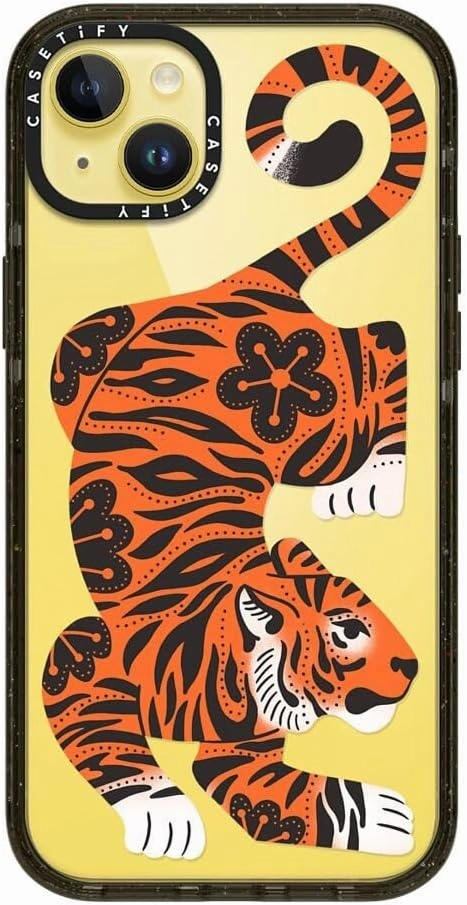 CASETiFY Impact Case for iPhone 14 Plus [Slim / 8.2 ft. 4X Military Grade Drop Protection/Wireless Charging Compatible] - Fierce Tiger - Clear Black