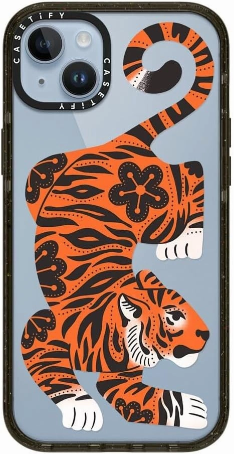 CASETiFY Impact Case for iPhone 14 Plus [Slim / 8.2 ft. 4X Military Grade Drop Protection/Wireless Charging Compatible] - Fierce Tiger - Clear Black
