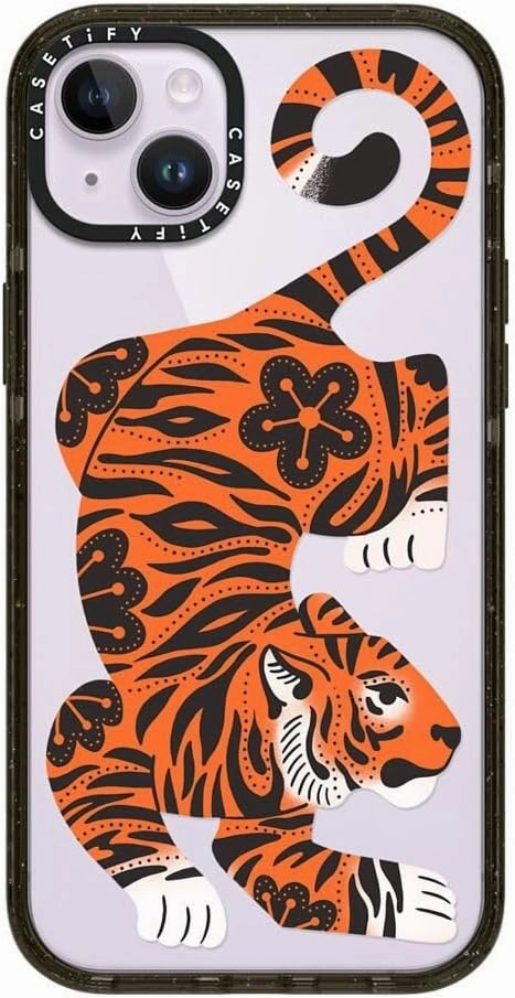 CASETiFY Impact Case for iPhone 14 Plus [Slim / 8.2 ft. 4X Military Grade Drop Protection/Wireless Charging Compatible] - Fierce Tiger - Clear Black