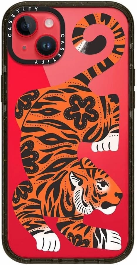 CASETiFY Impact Case for iPhone 14 Plus [Slim / 8.2 ft. 4X Military Grade Drop Protection/Wireless Charging Compatible] - Fierce Tiger - Clear Black