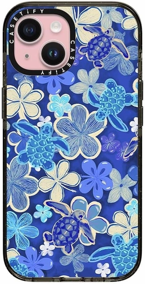 CASETiFY Impact Case for iPhone 15 [4X Military Grade Drop Tested / 8.2ft Drop Protection] - Flower Prints - Ocean Child - Clear Black