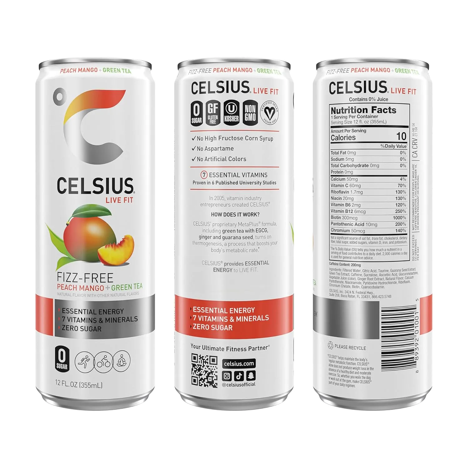 CELSIUS Peach Mango Green Tea, Functional Essential Energy Drink 12 Fl Oz (Pack of 12)