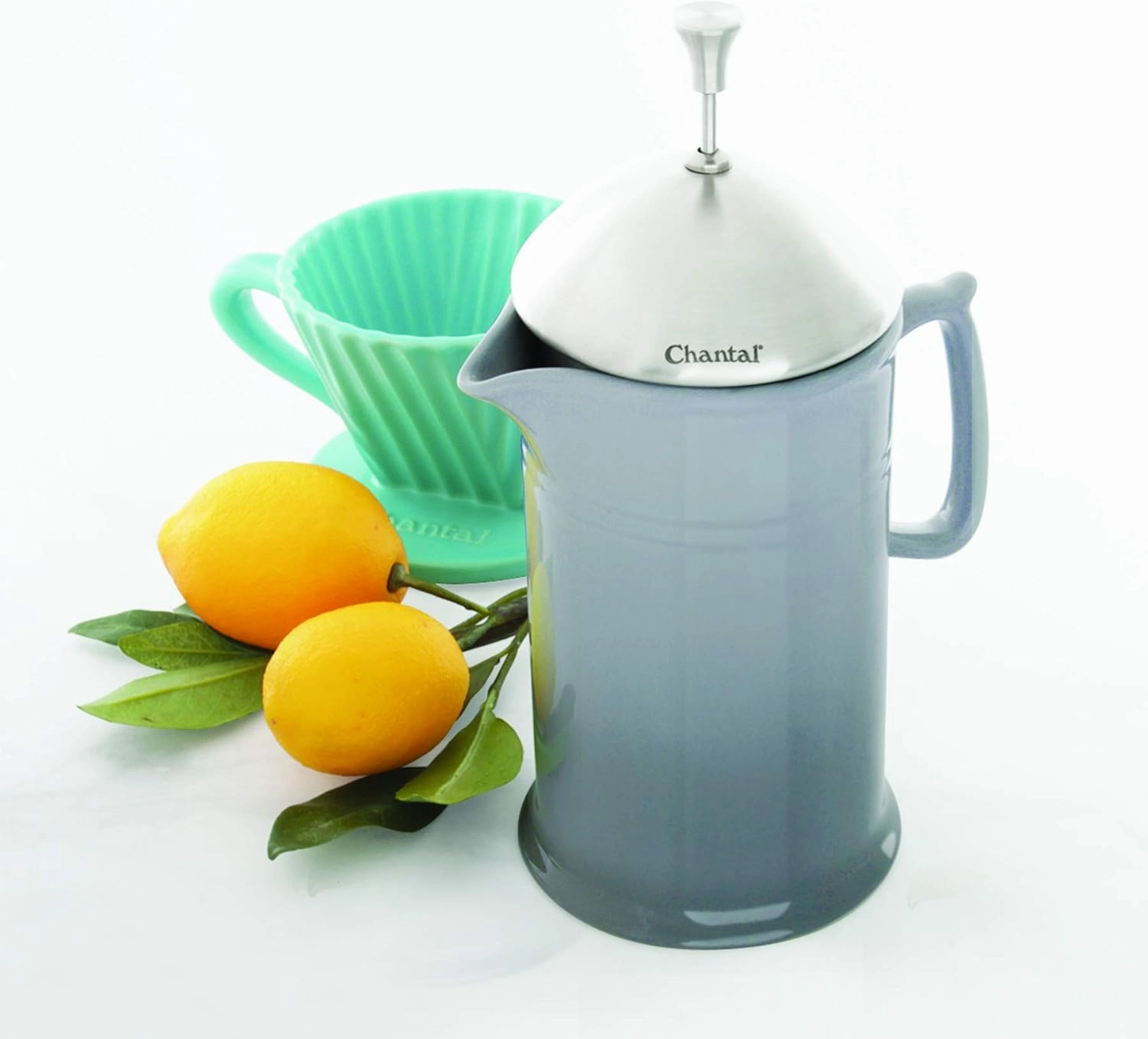 Chantal Stoneware French Press with Stainless Steel Plunger and Lid, 28 ounce capacity, Fade Grey