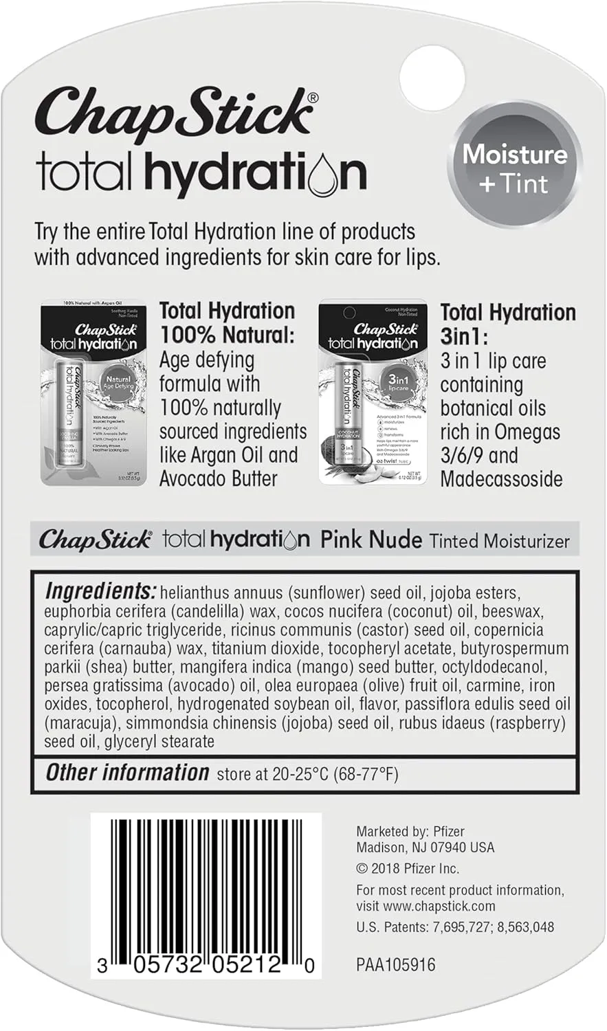 ChapStick Total Hydration Moisture   Tint Pink Nude Tinted Lip Balm Tube, Tinted Moisturizer - 0.12 Oz