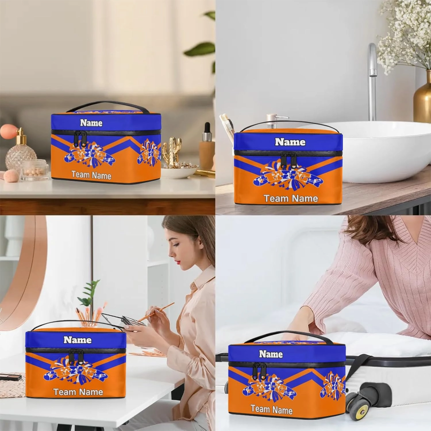 Cheer Custom Name Makeup Bag Personalized Large Cosmetic Case Portable Travel Make Up Organizer for Women Girls With Handle, Blue Orange