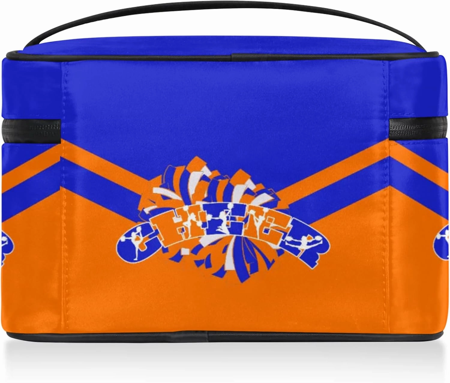 Cheer Custom Name Makeup Bag Personalized Large Cosmetic Case Portable Travel Make Up Organizer for Women Girls With Handle, Blue Orange